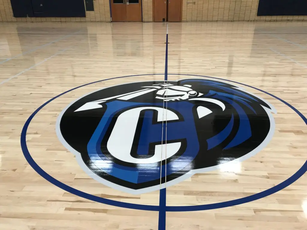Painted mascot logo inside the center circle of a maple basketball court