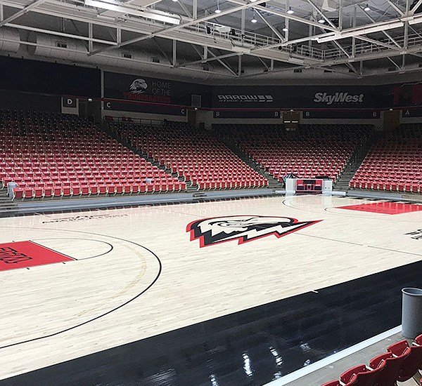 Indoor basketball hardwood court seating